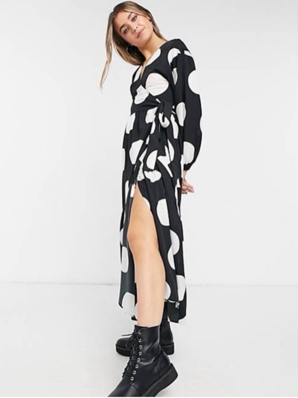 ASOS Black & White Long Sleeve Polka Dot Maxi Dress US Size 12